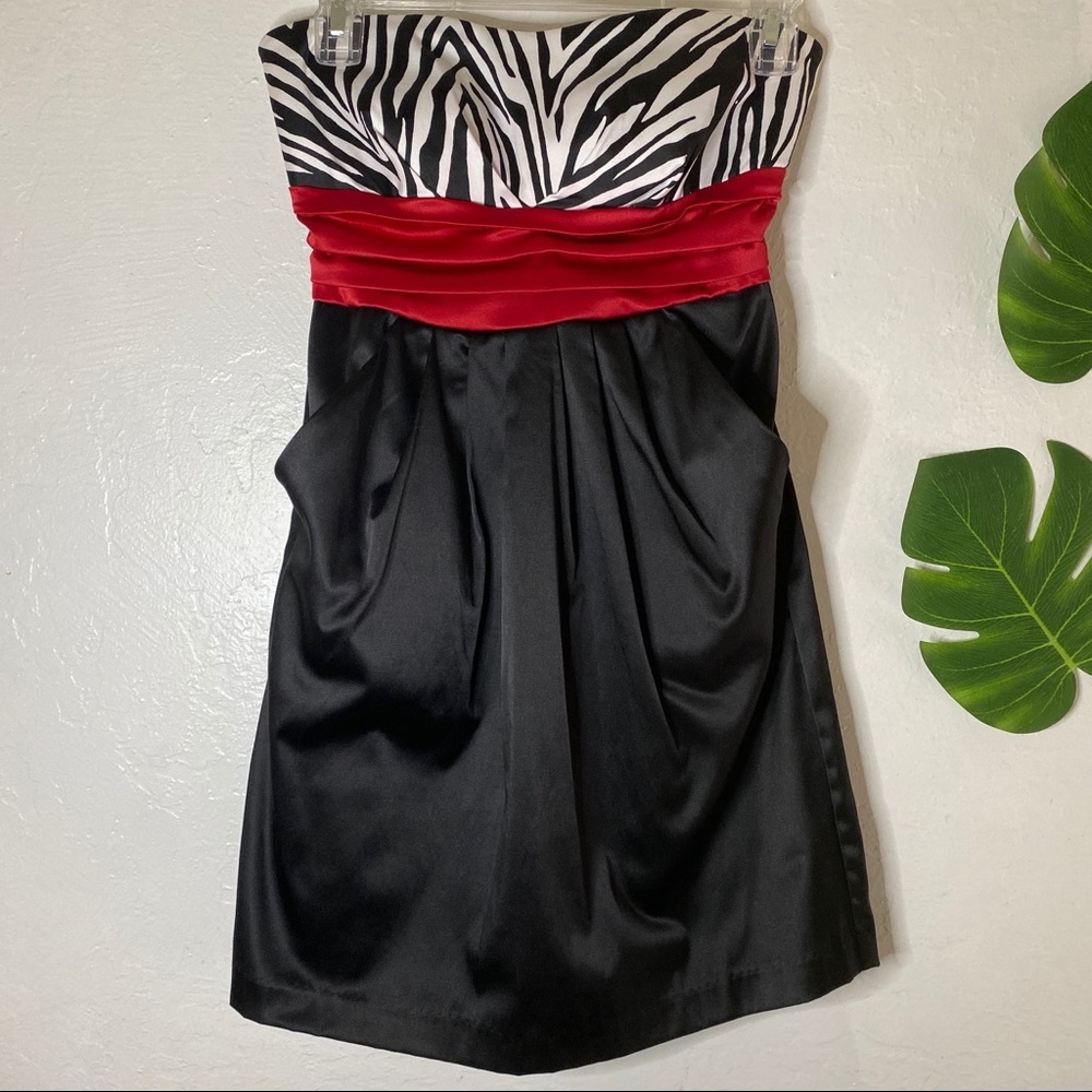 Strapless Mini Dress Zebra Print Red Ribbon Sash - Picture 2 of 5